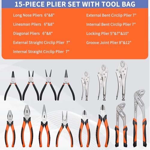 15-Piece Pliers Tool Set with Portable Tool Bag, Full Assortment of Pliers Essential Home Repair & Workshop Kit, Great Gift Idea for DIY Enthusiasts and Homeowners Father's Day