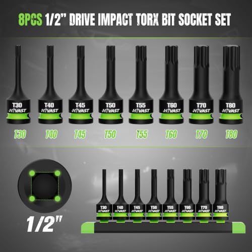Impact Torx Bit Socket Set, 8-Piece 1/2” Drive T30–T80, Cr-Mo Steel | Heavy Duty Star Bit Sockets, Impact Wrench Ready for Automotive Repair