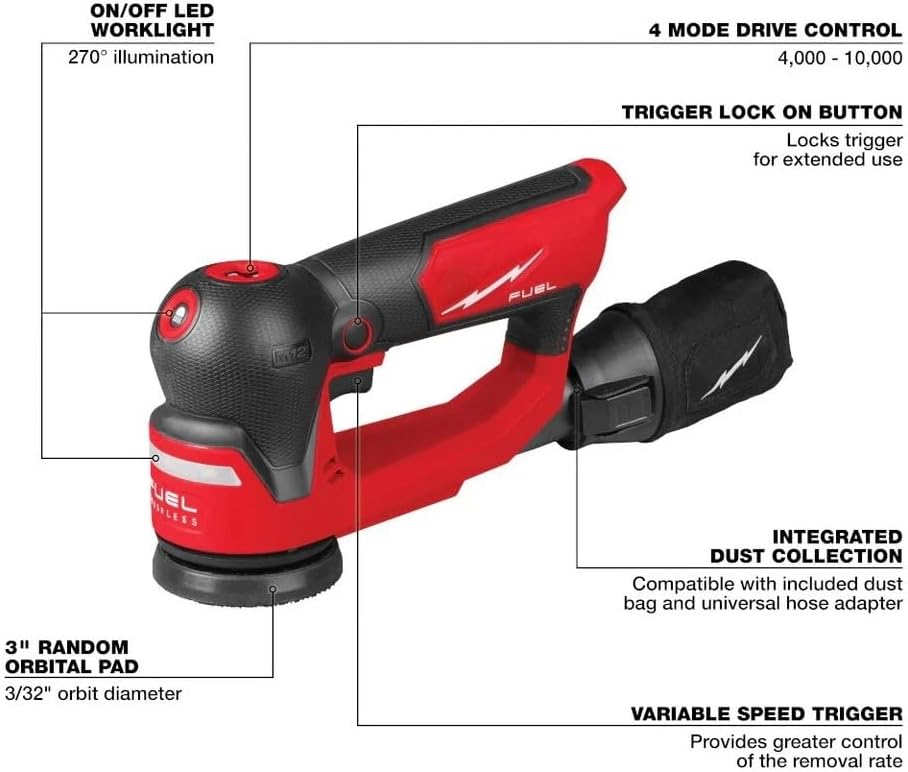 New 2535-20 Power Brushless Random Orbital Detail Sander for Milwaukee M12 FUEL 12V 3" Cordless Random Orbital Detail Sander - Bare Tool