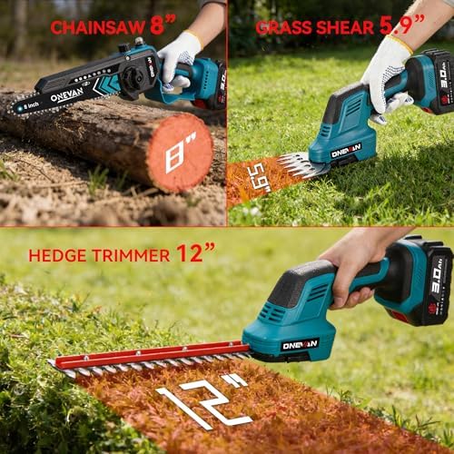 ONEVAN 6-in-1 Pole Saw & Hedge Trimmer & Grass Shear, 2×3.0Ah Batteries