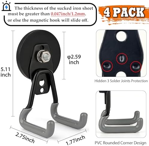 ULIBERMAGNET Upgraded Heavy Duty Magnetic Hooks,4 Pack Strong Large Magnet Hook for Power Drill,Garden Tools,Hose,Pegboard,Garage,Workshop,Magnetic Storage Hooks for Indoor Outdoor Hanging(Gray)