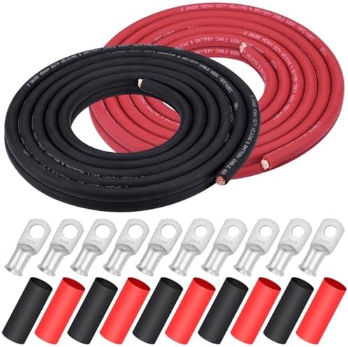 iGreely 2 AWG Gauge Wire 20 Feet Black + 20 Feet Red Ultra Flexible Welding Battery Pure Copper Cable + 5pcs of 5/16" & 5pcs 3/8" Copper Cable Lugs Terminal Connectors with Heat Shrink Tube
