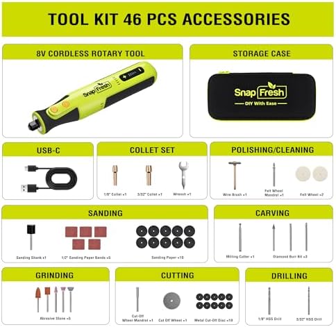 SnapFresh 8V Cordless Rotary Tool Kit, 28, 000 RPM, 46 Accessories