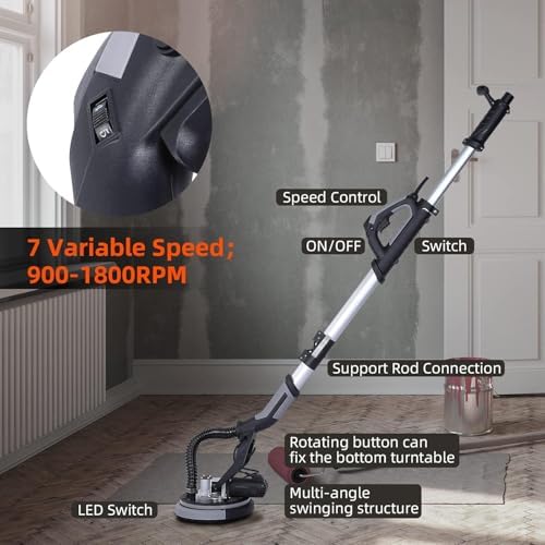 GarveeTech Drywall Sander, 750W Electric Drywall Sander 6.5A, 7 Variable Speed 900-1800 RPM Sander with LED Light, 14 Pcs Sanding discs, with Extendable Handle and Carrying Bag