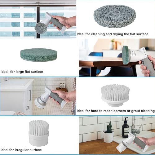 Electric Spin Scrubber Power Spin Brush for Cleaning,Rechargeable Cleaning Brush for Bathroom/Tub/Tile/Floor/Sink/Window Cordless Shower Scrubber with 4 Replaceable Cleaning Brush Heads, Classic Grey