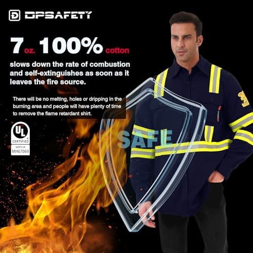 FR Shirts for Men 7oz High Visibility Fire Resistant Shirts CAT2 Welding Shirt 100% Cotton Hi Vis Flame Resistant Shirt Navy(Large)