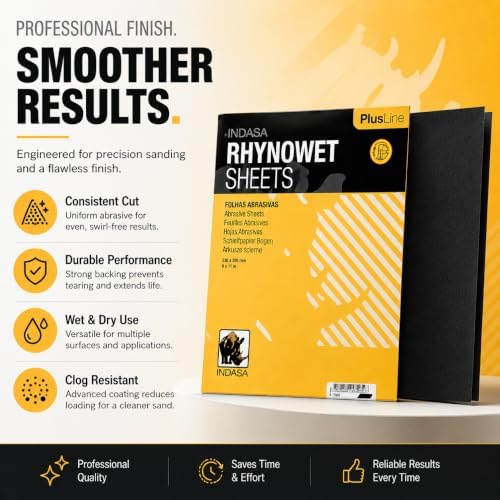 Indasa 50 PCS 9x11” Rhynowet Wet & Dry Sandpaper Sheets,1200 GRIT, Clog-Resistant Abrasive for Wood, Metal, Auto, Paint & Clear Coat Finishing, Sand Paper, Silicon Carbide, Plusline