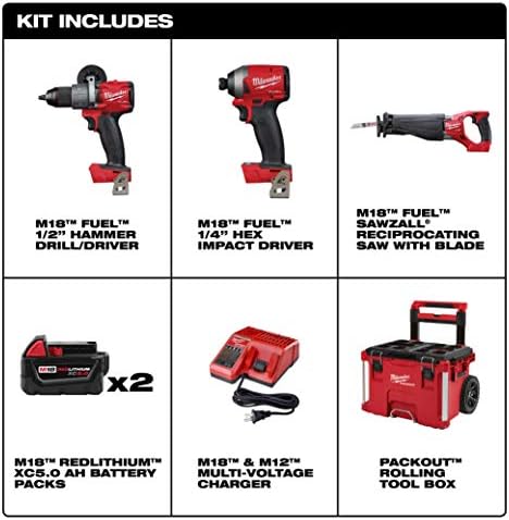 Milwaukee 2997-23SPO M18 FUEL 18-Volt Lithium-Ion Brushless Cordless Combo Kit (3-Tool) with Two 5.0 Ah Battery and PACKOUT Rolling Tool Box