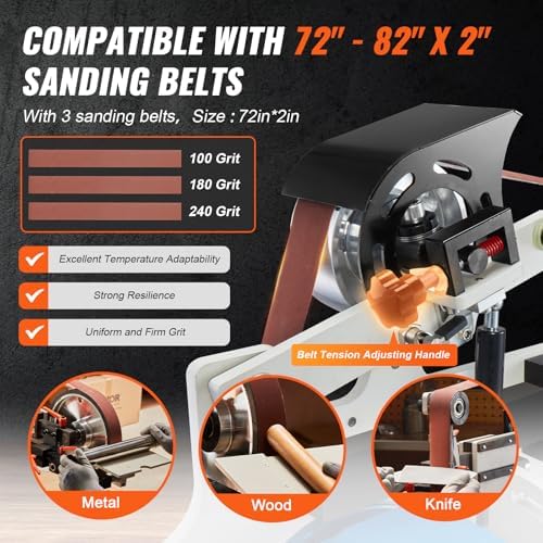 VEVOR Belt Grinder Sander, 72 x 2-Inch Variable Speed Belt Polisher with VFD, 1500W Knife Sharpener with 3 Grinding Moulds & 3PCS Sanding Belts for Metalworking, Compatible with 72"- 82 * 2" Belts