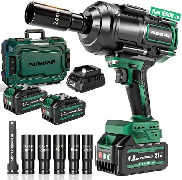 2026 New Upgrade 1500N.m(1106ft-lbs) Impact Wrench, High Torque 1/2 Impact Gun with 21V 2x4.0AH Battery, Fast Charger & 5 Sockets, 3500IPM Brushless Impact Driver for Home Car Truck Tires