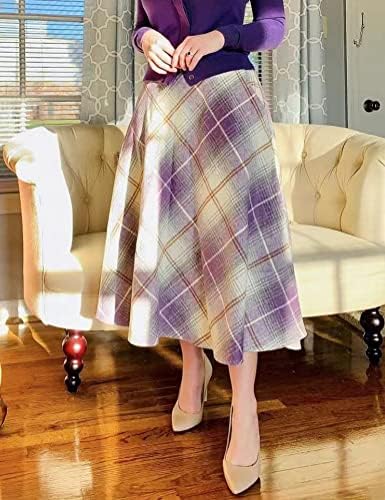 IDEALSANXUN Womens Plaid Wool Skirts Elastic Waist A-Line Pleated Tartan Long Skirts