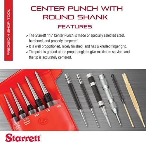 Starrett Steel Center Punch with Round Shank and Knurled Finger Grip - Hardened and Tempered, 4" Length, 3/32" Diameter Tapered - 117B