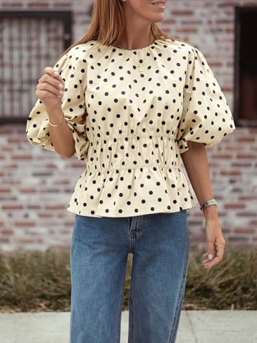 Cicy Bell Women Polka Dot Peplum Blouse Round Neck Puff Sleeve Summer Top