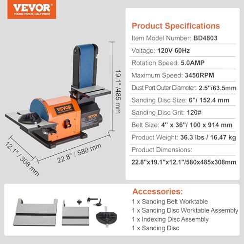 VEVOR Professional 4 x 36 in. Belt Sander with 8" Disc Sander, 5A Induction Motor Cast Aluminum Worktable for Woodworking, Metalworking