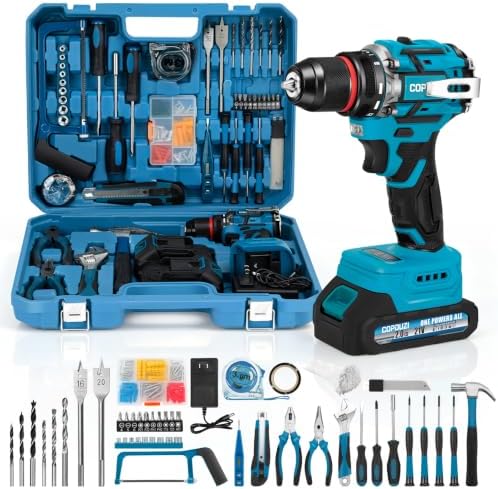 21V Cordless Drill Driver Combo Kit, Brushless Power Drill Tool Set with 2x2.0Ah Battery, 210-PCs Portable General Basic Home Repair Tool Set, Electric Drill Kit for Daily Home Repair, DIY