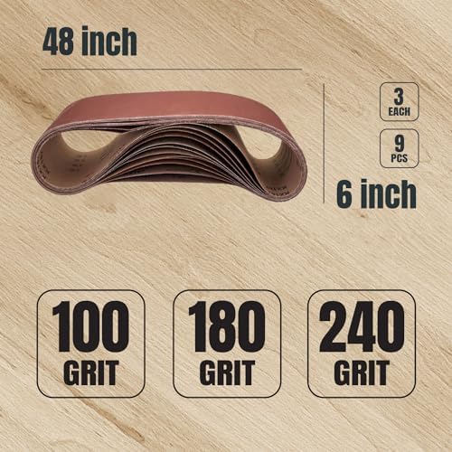 POWERTEC 6 x 48 Inch Sanding Belts, 9PK, 3 Each of 100/180/240 Grits, Aluminum Oxide Belt Sander Sanding Belt Assortment for Bench Belt Sander, Wood & Paint Sanding, Metal Polishing (11022-1)