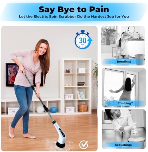 Electric Spin Scrubber with Digital Display, Cordless Cleaning Brush, 3000mAh Battery (90 Min), 8 Replaceable Brush Heads, Adjustable Extension Handle, Dual Speed Power Scrubber for Tub, Tile & Floor