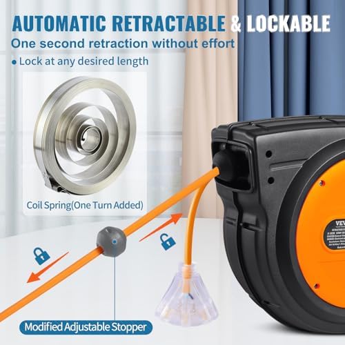VEVOR 65FT Retractable Extension Cord Reel, Heavy Duty 12AWG/3C SJTOW Cord