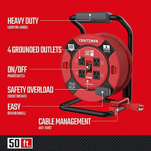 CRAFTSMAN 50 Ft. Retractable Extension Cord Reel, 4 Outlets