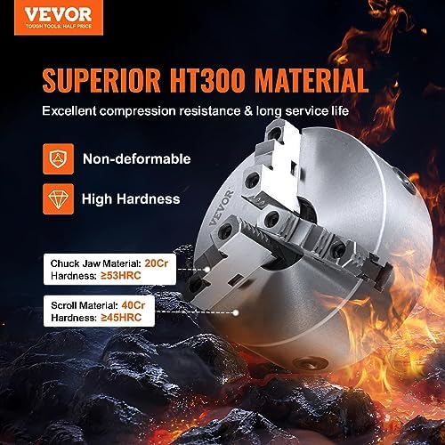 VEVOR 3-Jaw Lathe Chuck, 8'', Self-Centering Lathe Chuck, 0.16-8 in/4-200 mm Clamping Range with T-key Fixing Screws Hexagon Wrench, for Lathe 3D Printer Machining Center Milling Drilling Machine