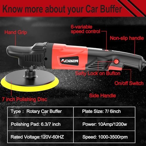 AOBEN Rotary Buffer Polisher,1200W 6-inch/ 7-inch Car Buffer,Car Polisher Waxer Kit with 6 Variable Speed 1000-3500RPM & 4 Polishing Pads,Detachable Handle for Boat,Car Polishing and Waxing