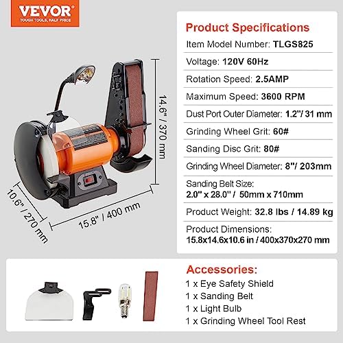 VEVOR 8 Inch Bench Grinder, Bench Grinder Sander with 2 x28 Inch Belt Sander Combo and 2.5A Induction Motor for Metalworking Sharpening Grinding