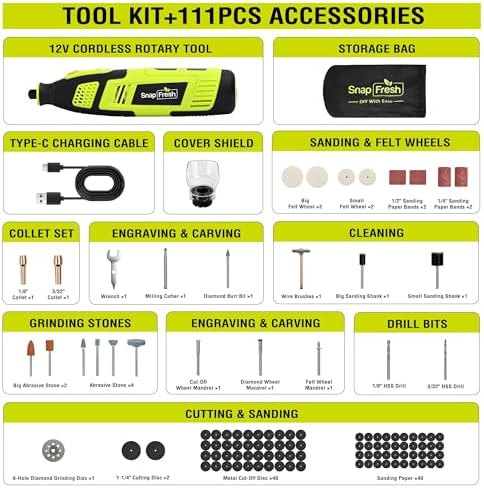 SnapFresh 12V Cordless Rotary Tool Kit, 32,000 RPM, 111 Accessories