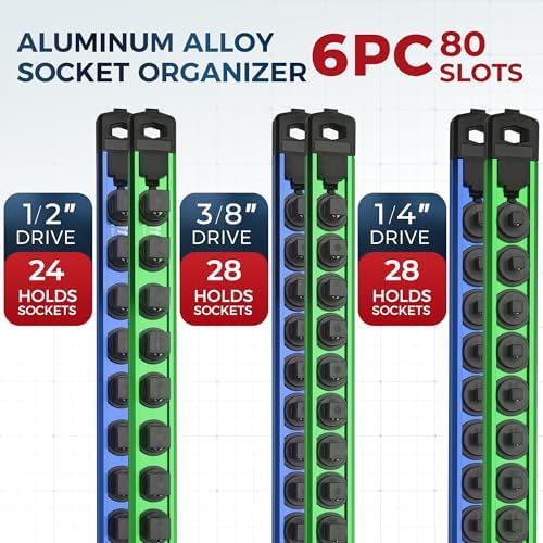 Reniteco Magnetic Socket Organizer Set, 6-Piece 1/4” 3/8” 1/2” Socket Rails | 80-Clip: 1/4" Rail-28 Clips, 3/8" Rail-24 Clips, 1/2" Rail-28 Clips, Heavy-Duty Aluminum Alloy Rails, Drawer or Wall Mount