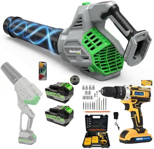 Leaf Blower + Cordless Drill Set | 2-in-1 Outdoor Cleaning & Home Repair Combo Kit – Powerful Airflow for Yard Care, Wireless Drill with Drill Bits & Accessories for DIY Projects, Fast Charging Includ