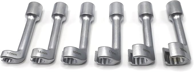 6PCS 1/2" Dr. L-Type Common Rail Injection Fuel Line Nut Socket Set | 12 14 16 17 18 19mm, 12 Point Open Socket Wrench Kit, Diesel Engine Temperature Removal, Exhaust Gas Temp Sensor Extractor