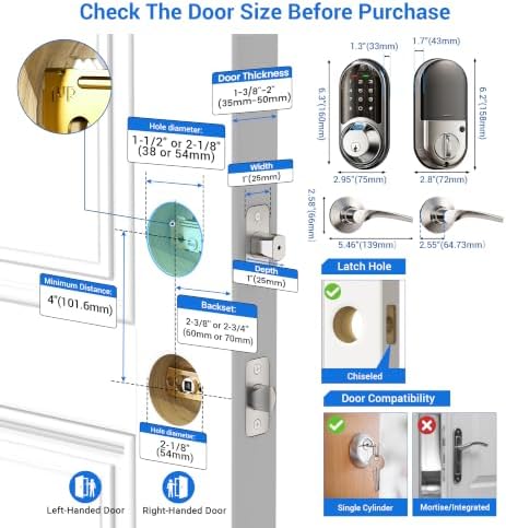 Veise RZ07B Fingerprint Smart Lock with 2 Lever Handle Set, Satin Nickel
