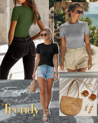 Ficerd 3 Pack Women's Ribbed Short Sleeve T-Shirts