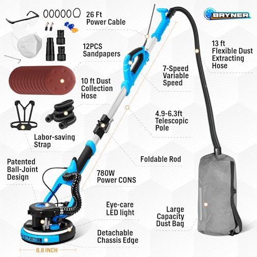 Drywall Sander, 780W Electric Drywall Sander with Vacuum Dust Collector, 7 Variable Speed 900-1800RPM, 26FT Power Cord, Wall Sander for Popcorn Ceiling, Pole Sander for Drywall