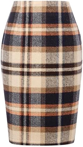 IDEALSANXUN Plaid Skirts for Women Fall Winter Knee Length Pencil Wool Skirt with Slit