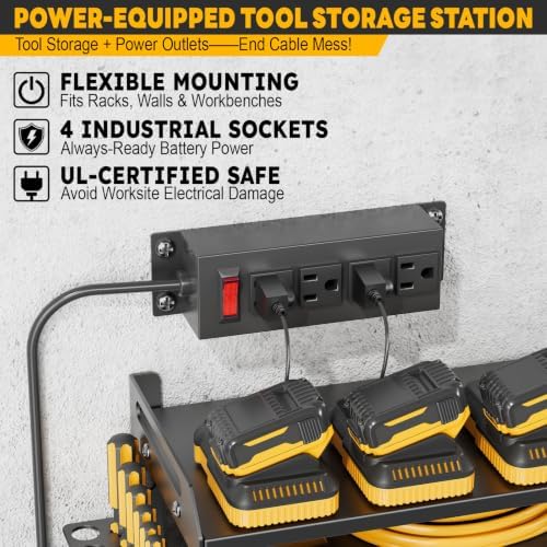 5-Tier Power Tool Organizer Wall Mount with 4 Power Strip, Black