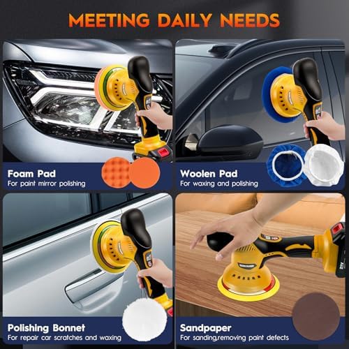Cordless Car Buffer Polisher, 6 Inch Orbital Polisher Kit with 2x21V Batteries & 21 PCS Attachments, 8-Speed Variable Max 6000RPM Buffer for Car Detailing, Polishing, Waxing, Scratch Removing