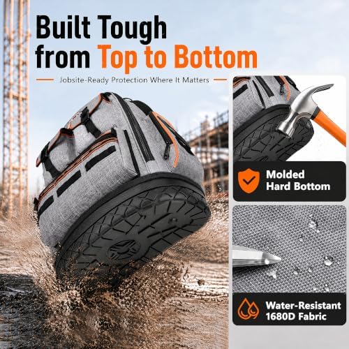LOKASS Tool Backpack Heavy Duty, 18.5 in, 56 Pockets, Molded Bottom, Gray