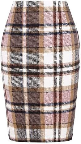 IDEALSANXUN Plaid Skirts for Women Fall Winter Knee Length Pencil Wool Skirt with Slit