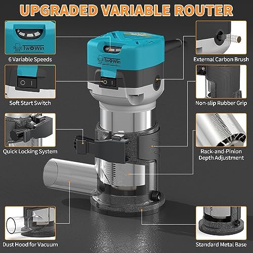 TWOWIN Router Tool, 6.5 Amp 1.25 HP Hand held Wood Router Tool