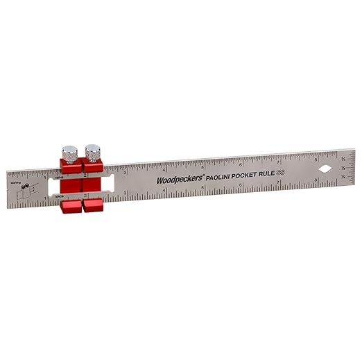 Woodpeckers Paolini Pocket Rule, Stainless Steel, 200mm, Metric Woodworking Ruler, Sliding Stop, Vertical End Scale, Scribing Notch, Engraved Scale