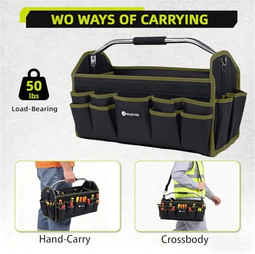 22in Tool Bags For Men Heavy Duty, 33 PCS Pockets Tool Bag Organizer Foldable Open Top Tool Bag With Handle, Wide Mouth Electrician Tool Tote, Green