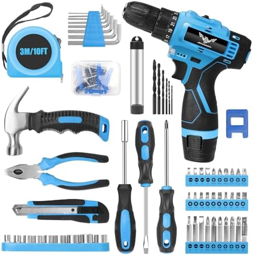 JENABOM 146-Piece Home Tool Set with 12V Blue Cordless Drill