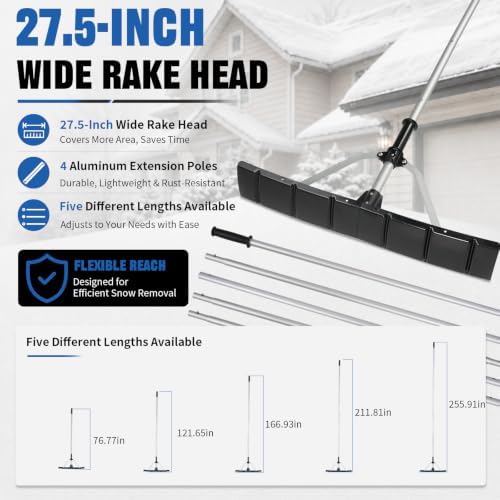 Outvita Foldable 21.3FT Snow Roof Rake, 27.5 in Blade, Black