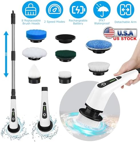 Electric Spin Scrubber, Cordless Telescopic Rechargeable Cleaning Brush, 8 Replaceable Heads, 2 Speed Adjustable for Bathroom & Floor