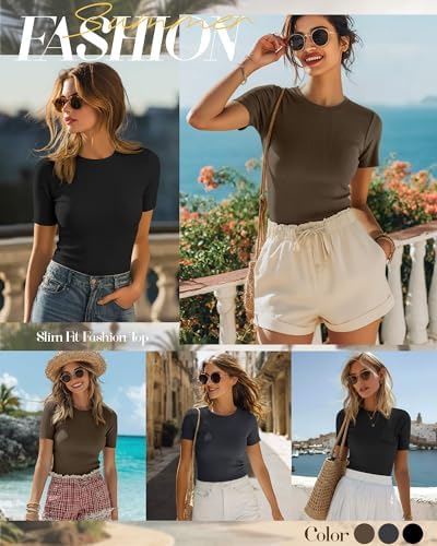 Ficerd 3 Pack Women's Ribbed Short Sleeve T-Shirts