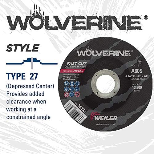 Weiler 56392 5 Inch Cutting Wheel, Wolverine AO Steel/Metal Fast Cutting, .045" A60S Type 27 7/8" Arbor, Pack of 25