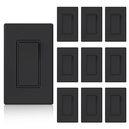 ELEGRP Matte Black 3 Way Decorative Light Switch with Plate, 15Amp, 120-277 Volt, AC Rocker Paddle Wall Switch Replacement, Self-Grounding, Residential Grade, w/Wall Plate, UL Listed (10 Pack)