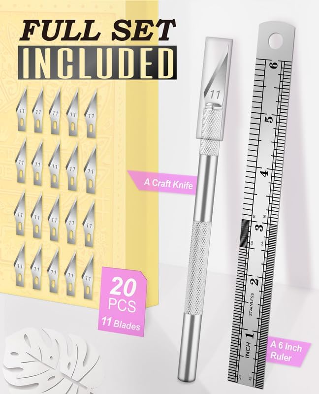 DIYSELF Exacto Knife Set, Hobby Knife Kit with 20PCS #11 Blades, Precision Knives, Aluminum Handle, 6-Inch Steel Ruler, Craft Knife Set for Crafting, DIY, Art, Model Making(Silver)