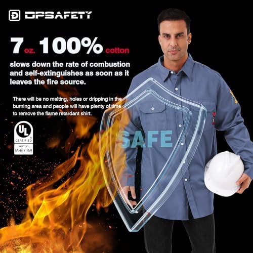 FR Shirts for Men 7oz Hi Vis Fire Resistant Shirts CAT2 Welding Shirt 100% Cotton Flame Resistant Shirt Light Blue(X-Large)