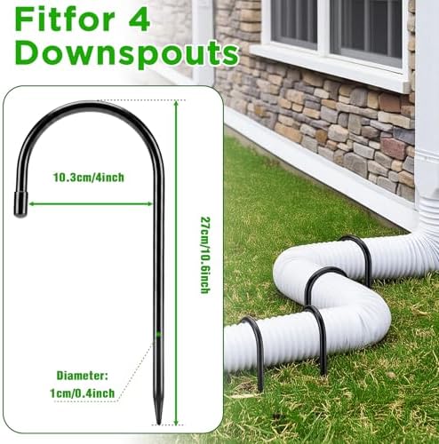 Zhengmy 4 Pcs Rain Gutter Downspout Extension Fixing Pin Downspout Ground Stake Holds Extensions Secure in Wind and Rain, Iron Fits 4" Round Pipes, Easy No Drill Installation